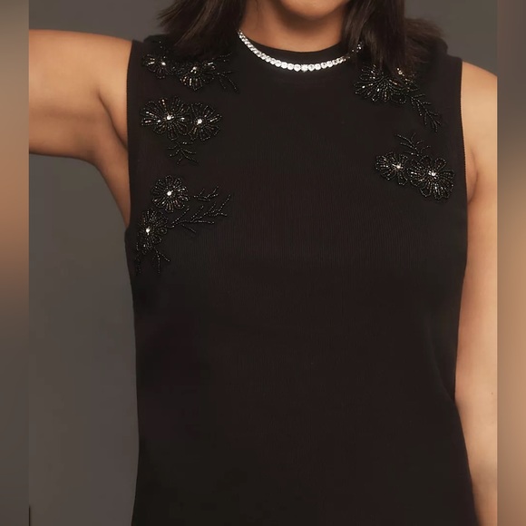 Anthropologie Black Beaded Applique Tank Top Sleeveless Ribbed Cotton Knit Sz 2X - Picture 4 of 16